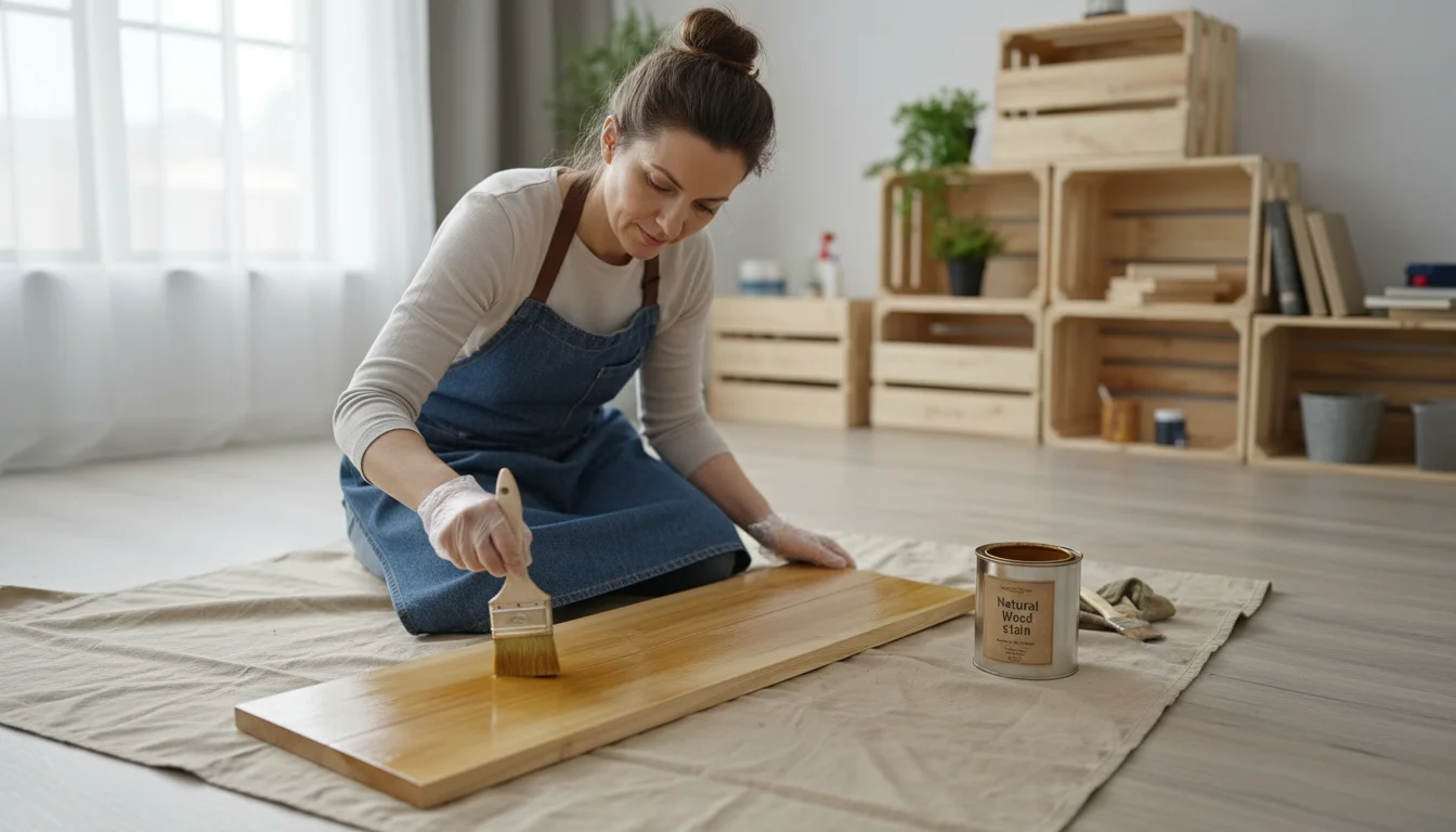 Woman applying wood stain to a pine shelf board on a drop cloth in a sunlit room, with stacked wooden crates in background.