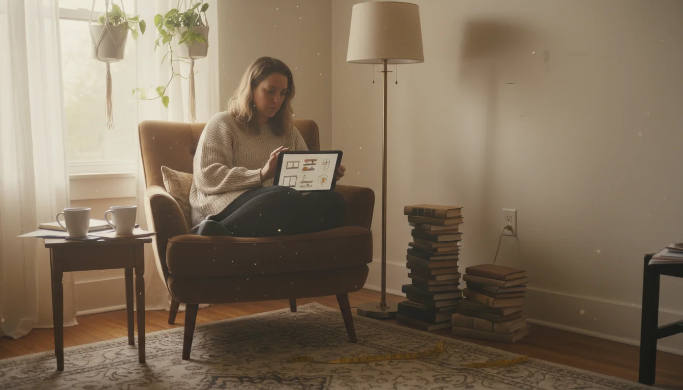 Woman on armchair looks at tablet showing corner shelf designs in a slightly cluttered living room corner with a measuring tape nearby.