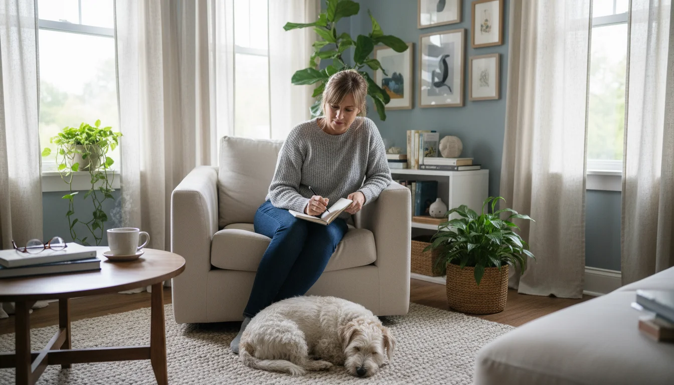 Woman in an armchair with an open notebook looks thoughtfully at her small dog sleeping on a rug; a modern air purifier is subtly visible in the backg