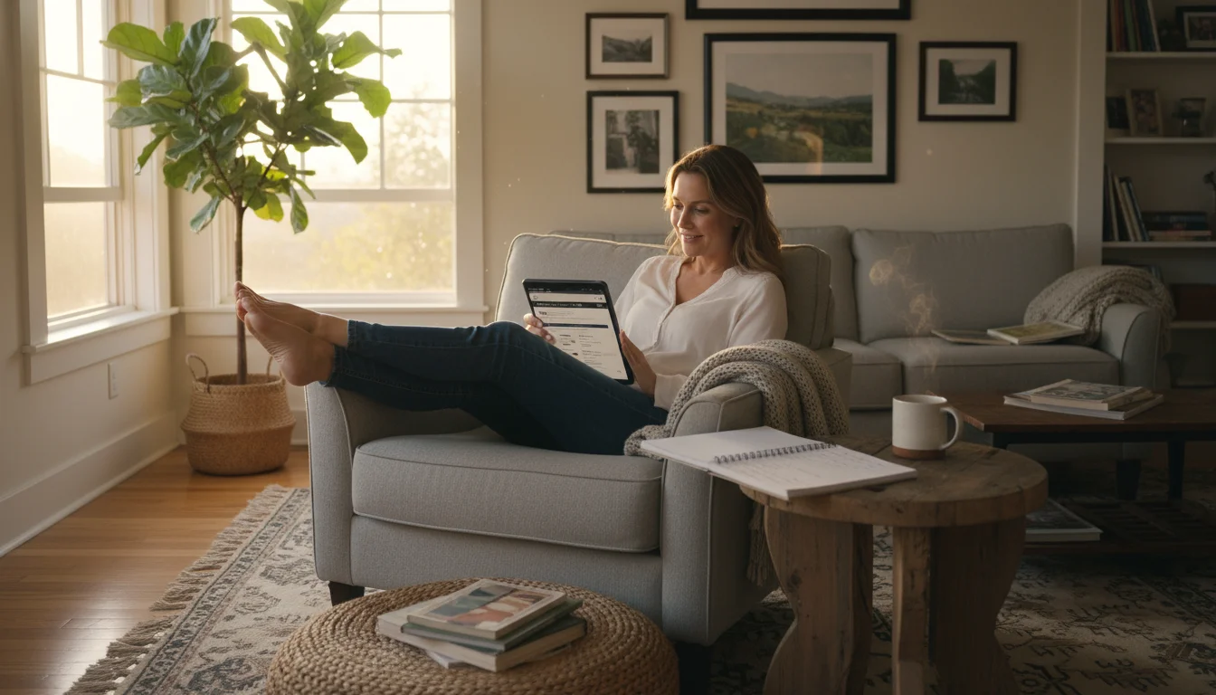 Woman in an armchair researching mattresses on a tablet, with a notebook and mug nearby.