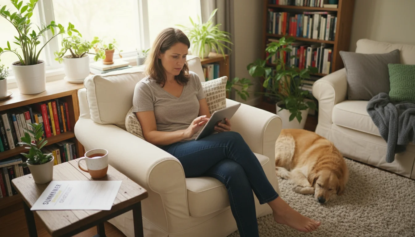 Wide shot of a woman in an armchair, thoughtfully reading an iPad next to a summer maintenance checklist and tea.