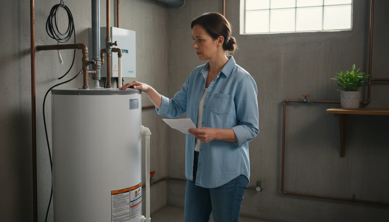 A woman in a basement utility corner contemplates an older water heater, holding an energy bill. Neatly organized storage is in the background.