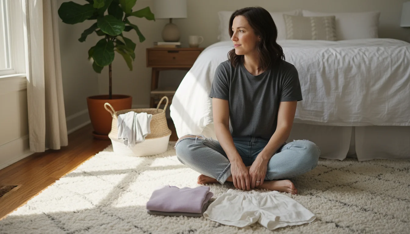 Woman on a bedroom rug, looking at her smartphone which shows a calendar reminder, with a small pile of clothes next to her.