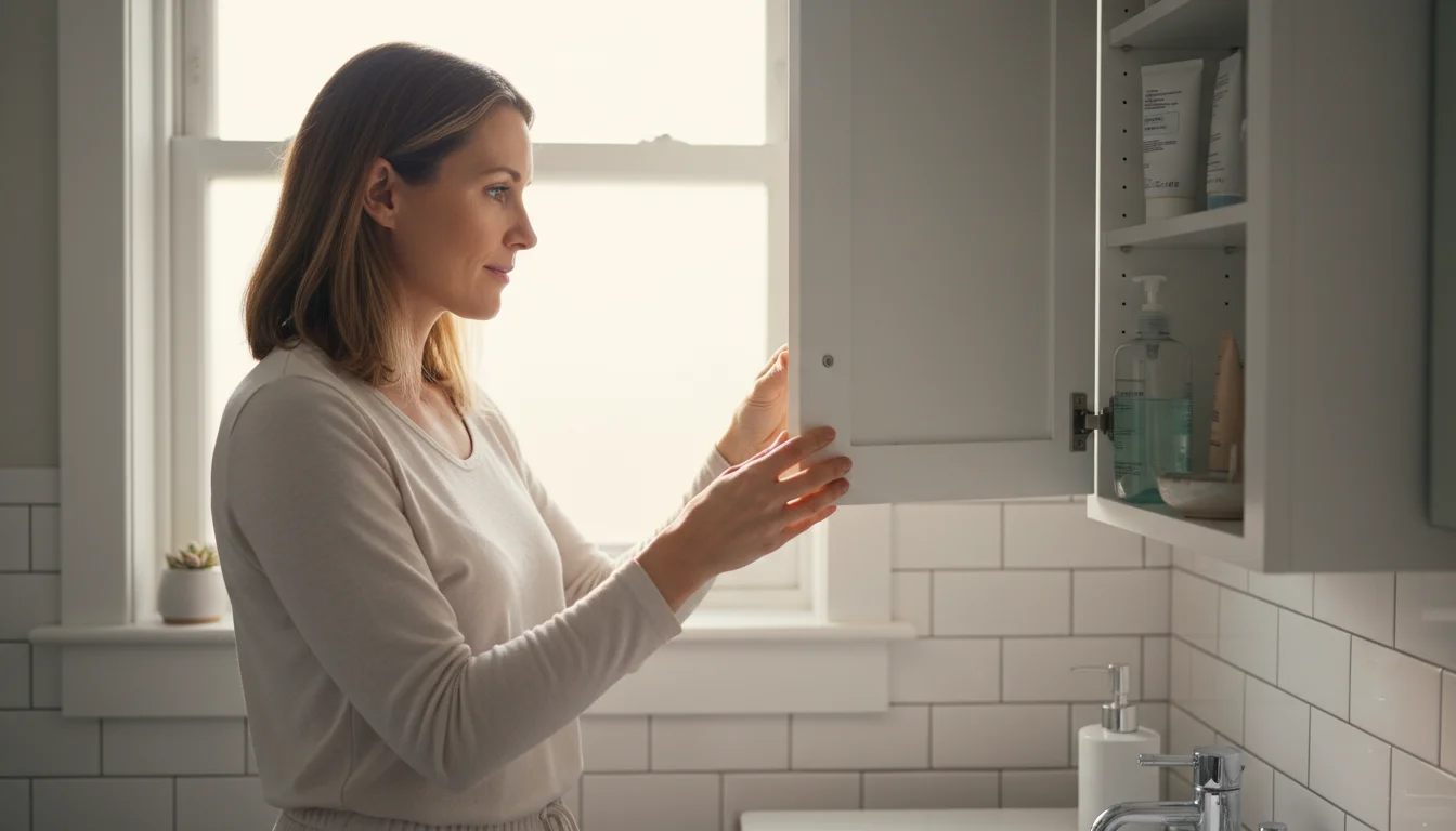 A woman in a bright bathroom gently opens a white wall cabinet, looking inside at an almost empty bottle of cleanser for a weekly check.