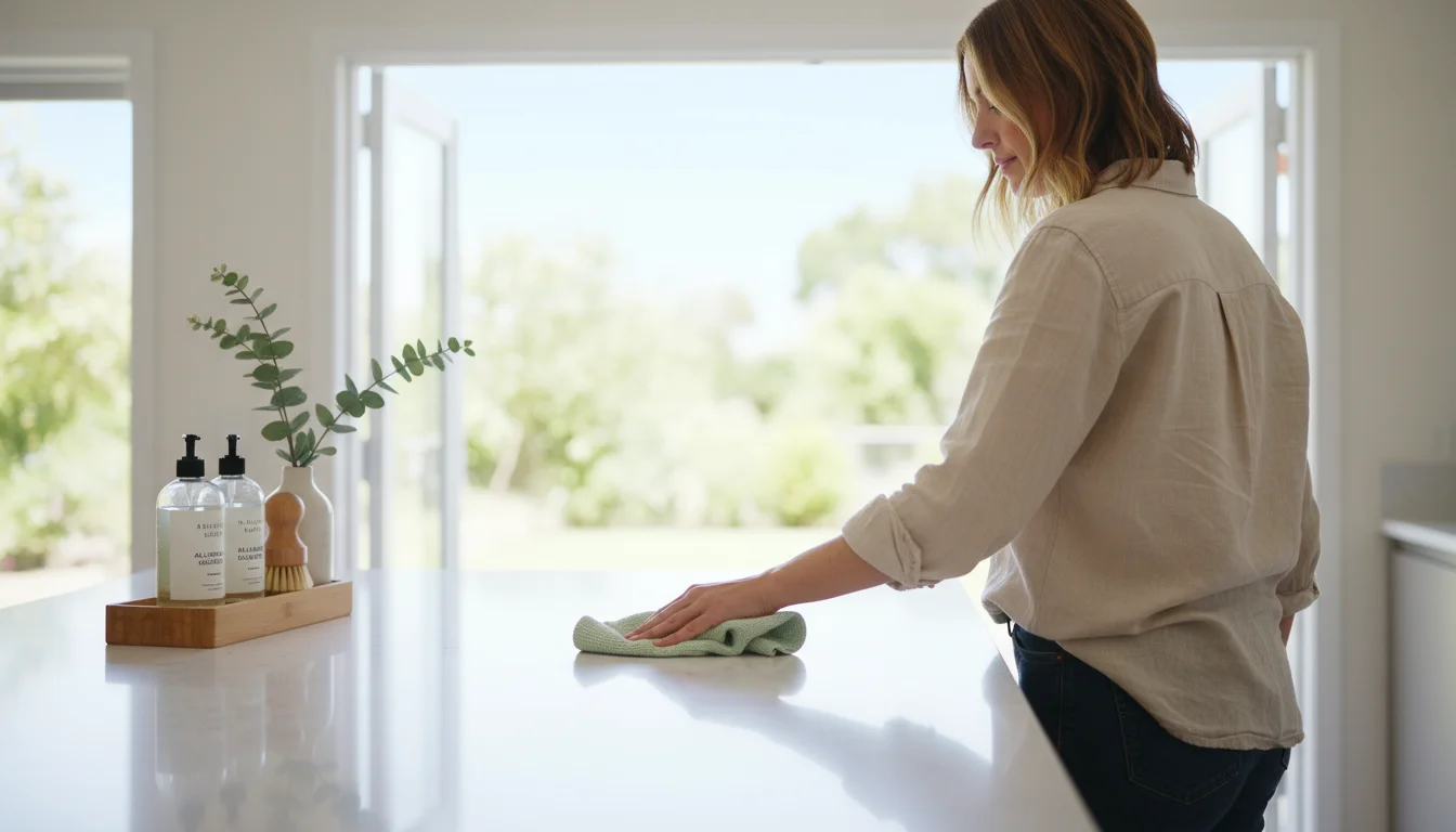 Woman in a bright kitchen gently wiping a clean counter with a cloth. An organized cleaning caddy is nearby, bathed in natural light.