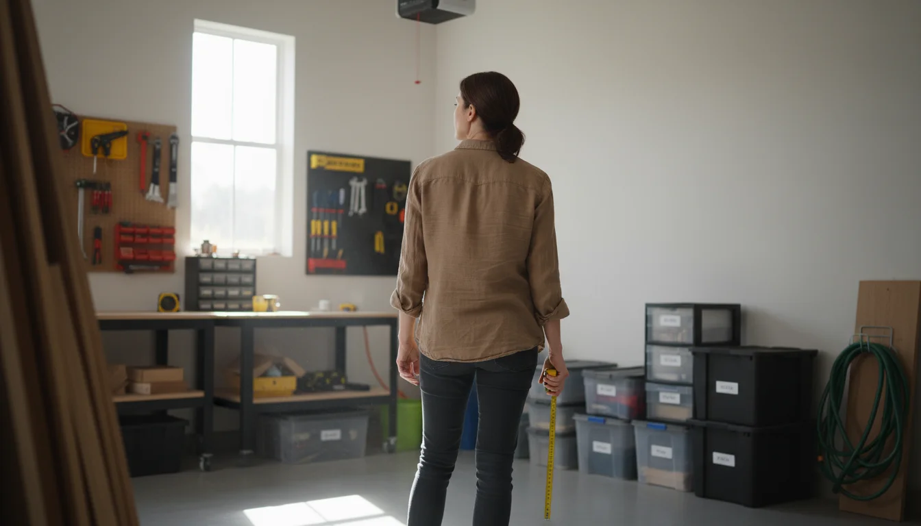 Woman in a bright, organized garage, holding a tape measure and looking at a blank wall, considering storage options.