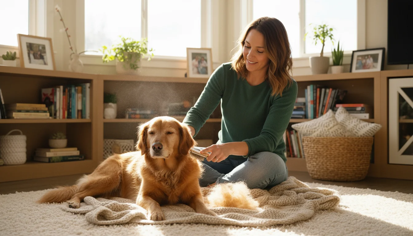 A woman brushes a contented golden retriever mix on a soft rug in a sunlit living room, showing loose fur on the brush.