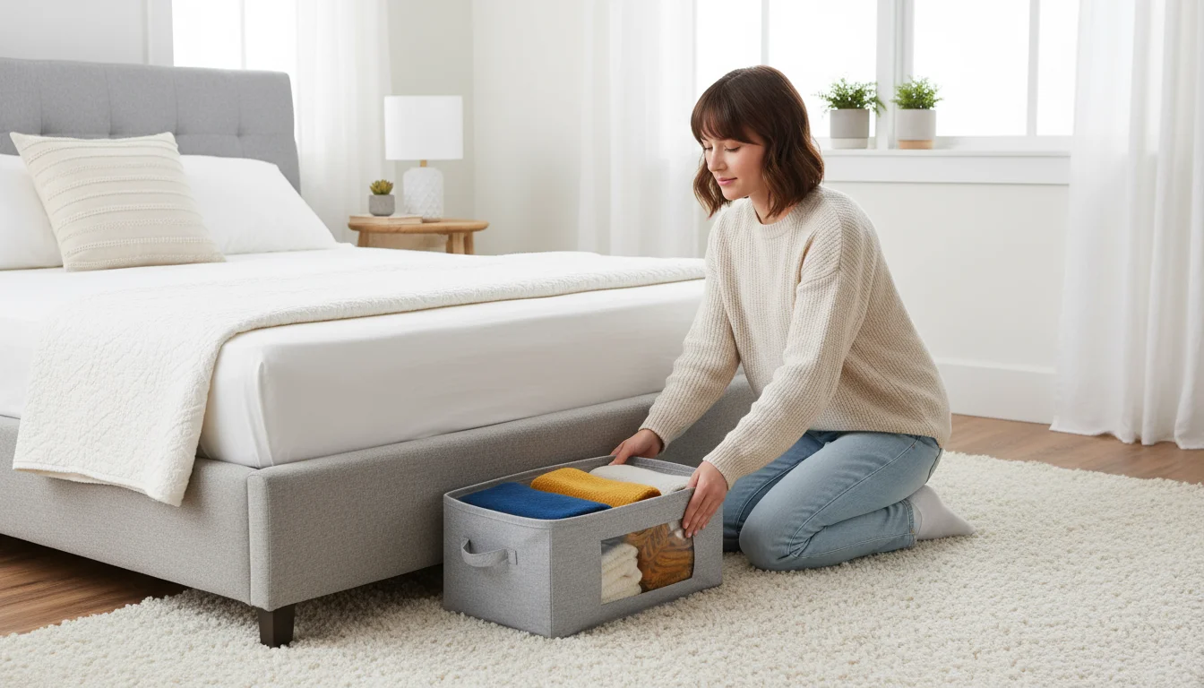 Woman in a calm bedroom kneels, sliding a fabric storage box with folded blankets under a simple upholstered bed.