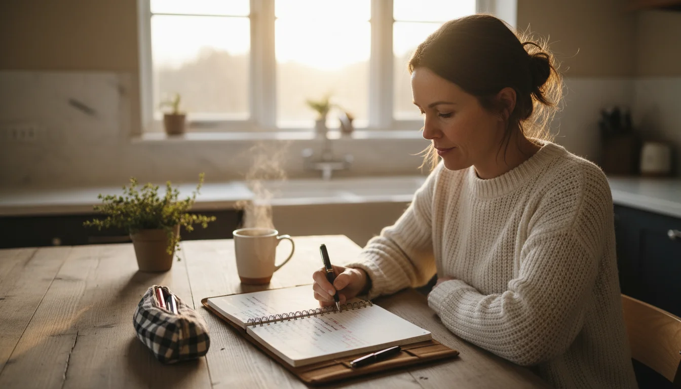 A woman calmly reviewing a handwritten spring cleaning checklist at a kitchen island, with a pen and mug of tea.