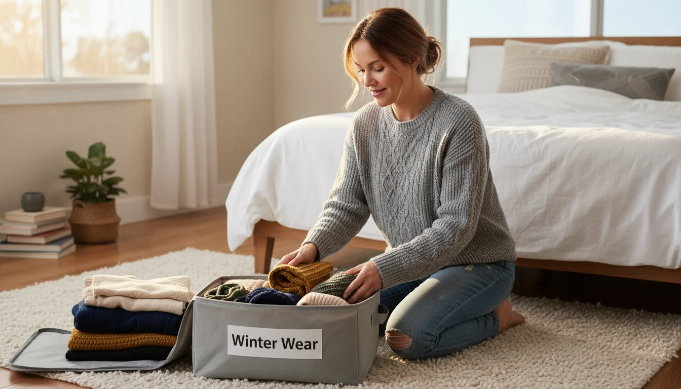 Woman in casual clothes folding bulky winter sweaters into a labeled fabric storage container on a cozy bedroom rug, next to a partially open closet.