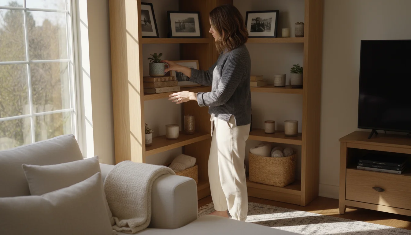 Woman in casual clothes quickly tidies books and a mug on wooden corner shelves in a bright, cozy living room.