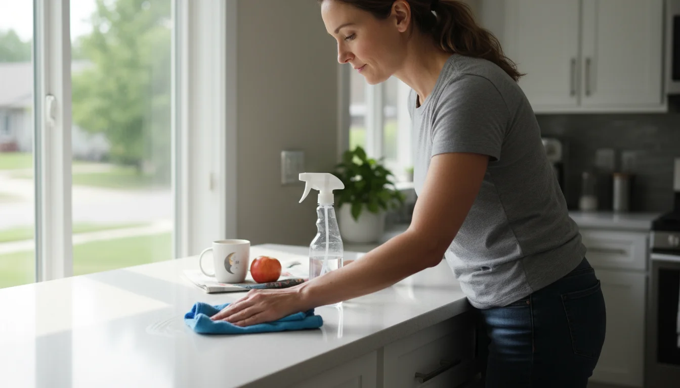 A woman in casual clothes quickly wipes a kitchen counter with a blue cloth, a spray bottle and a few small items beside her.