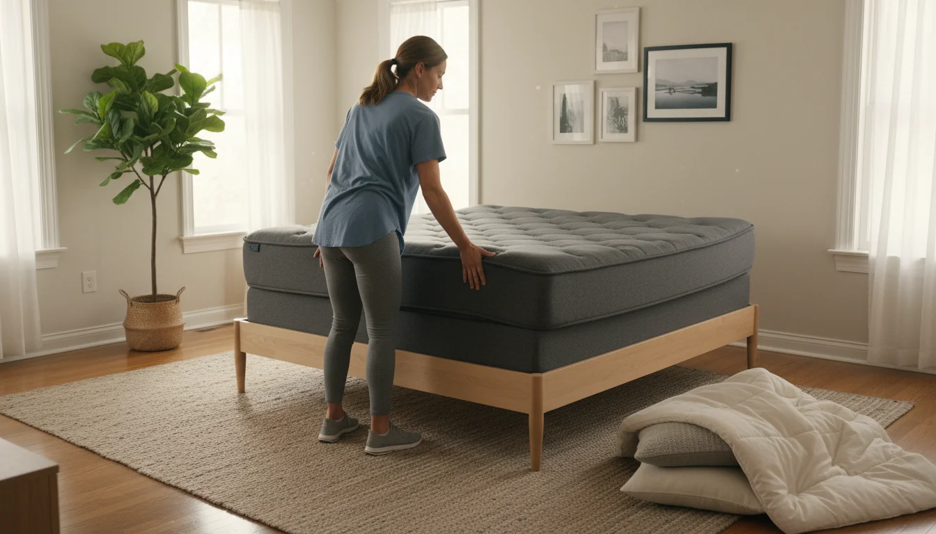 Woman in casual clothes rotating a queen mattress on a simple bed frame in a sunlit bedroom.