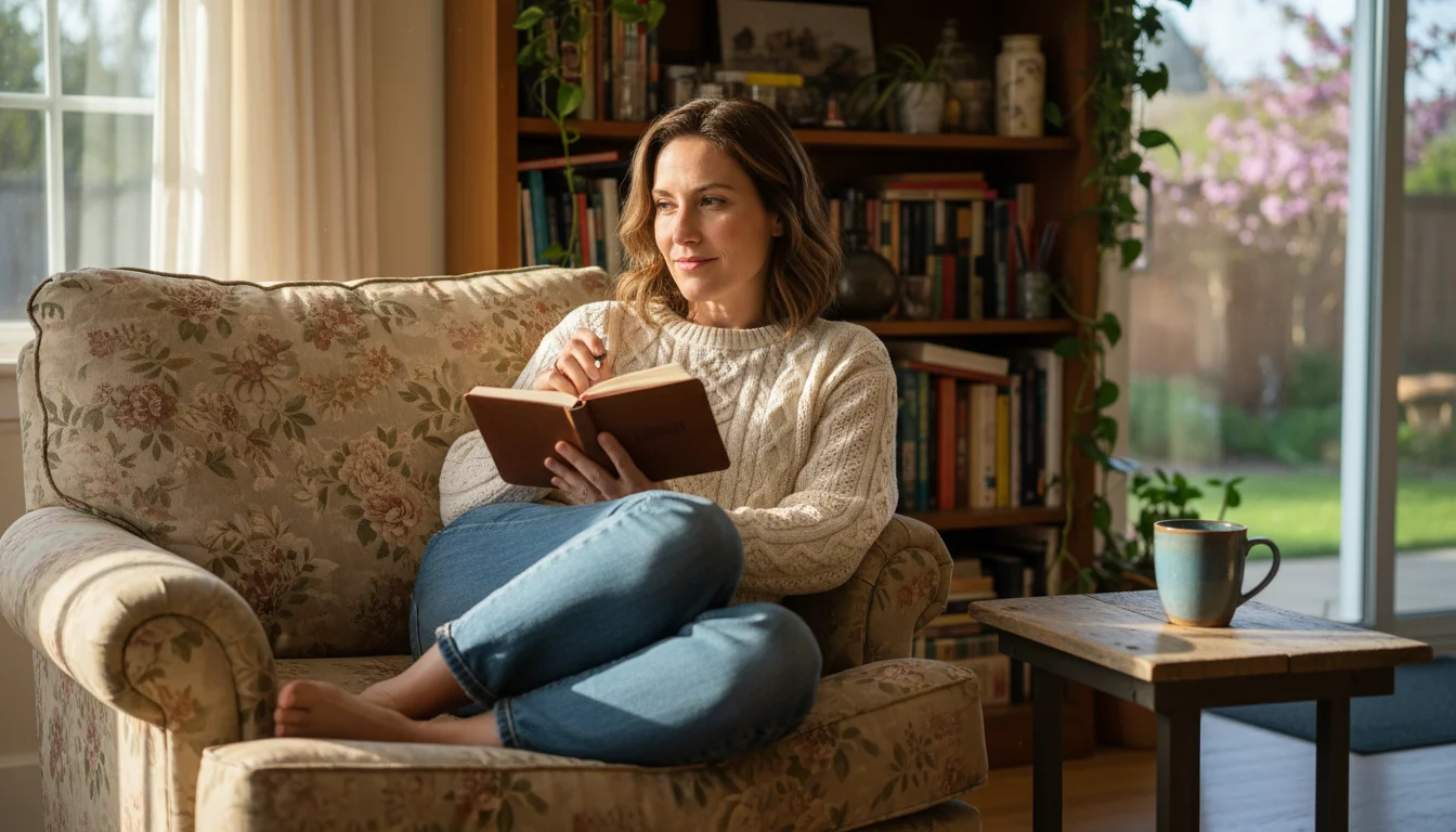 Woman in casual clothes sitting in armchair, thoughtfully looking at a notebook with a pen, in a cozy, sunlit living room.