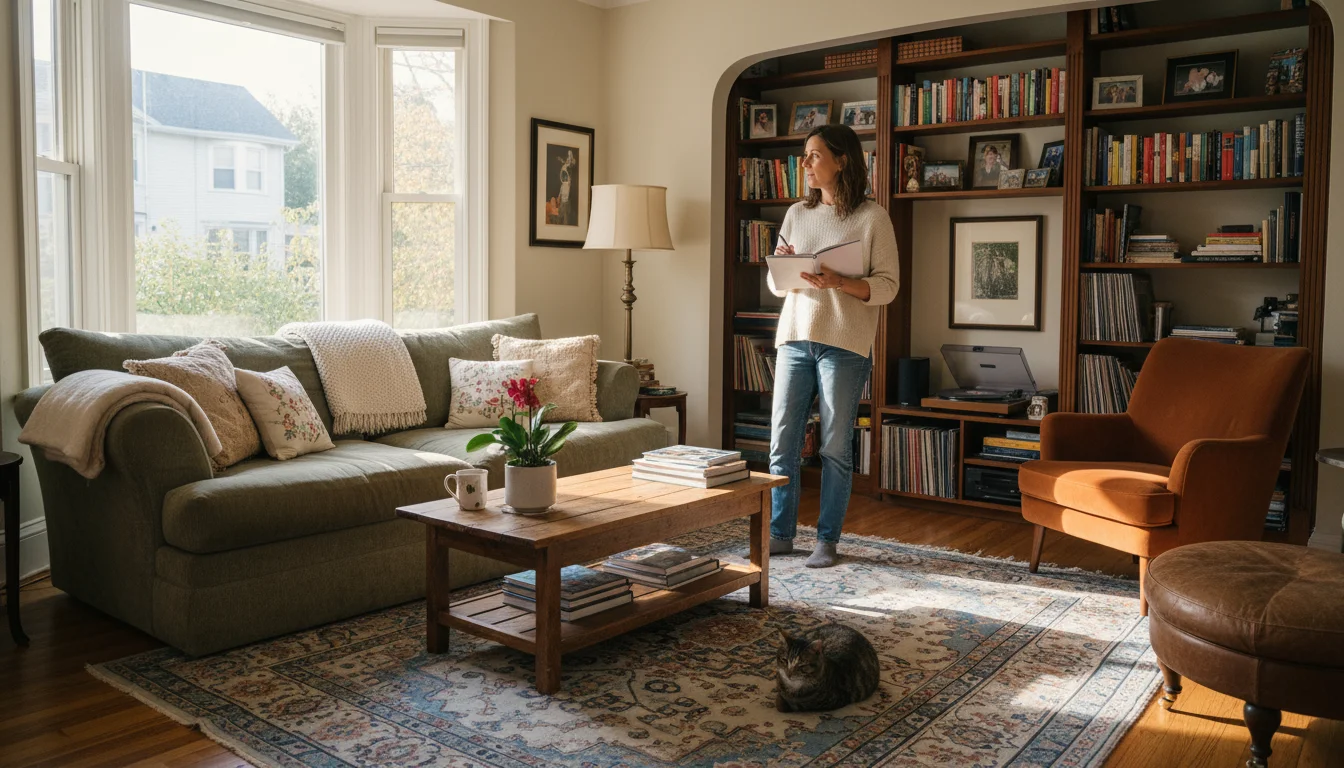 Woman in a casual living room, observing light and distinct zones with a notebook, late afternoon.