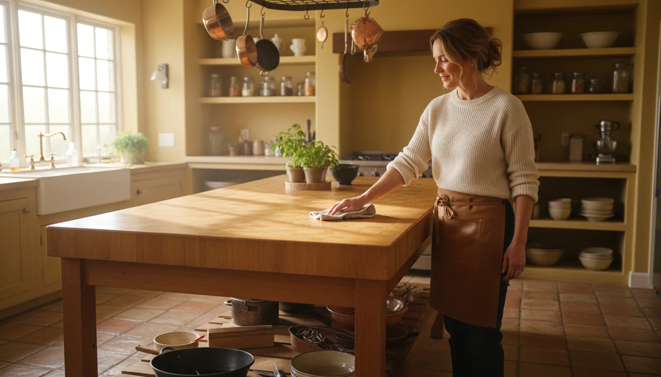 A woman casually wipes a wooden kitchen island next to a bowl of fresh fruit and a pot of herbs, with a natural cleaner bottle nearby.