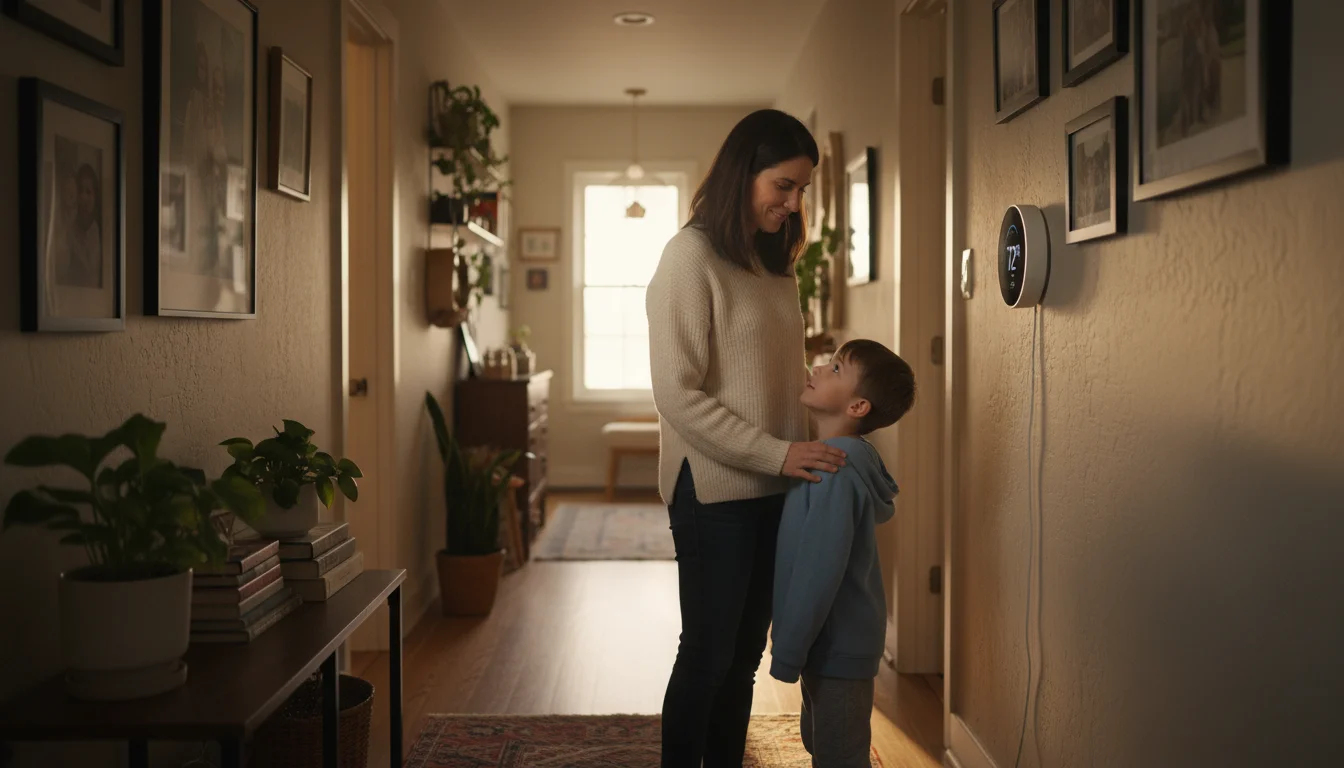 Woman and child in a brightly lit hallway, both looking at a minimalist smart thermostat on the wall.