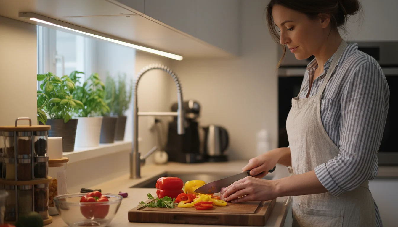 Woman chopping colorful vegetables on a kitchen counter, illuminated by warm under-cabinet LED lights, creating a cozy and functional workspace.