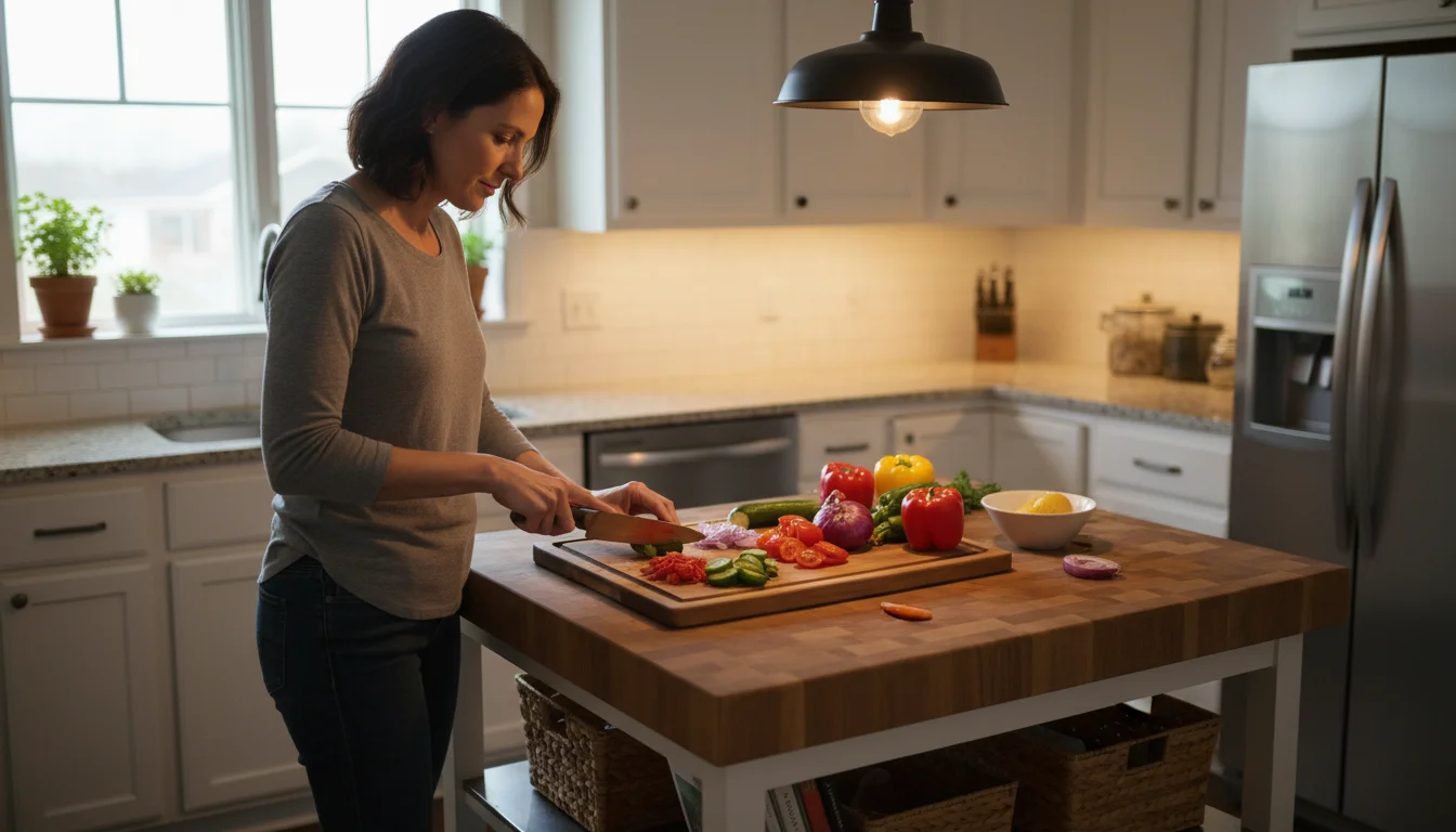 Woman chopping vegetables at a cozy kitchen island, lit by under-cabinet LEDs, a warm pendant, and recessed ambient lights.