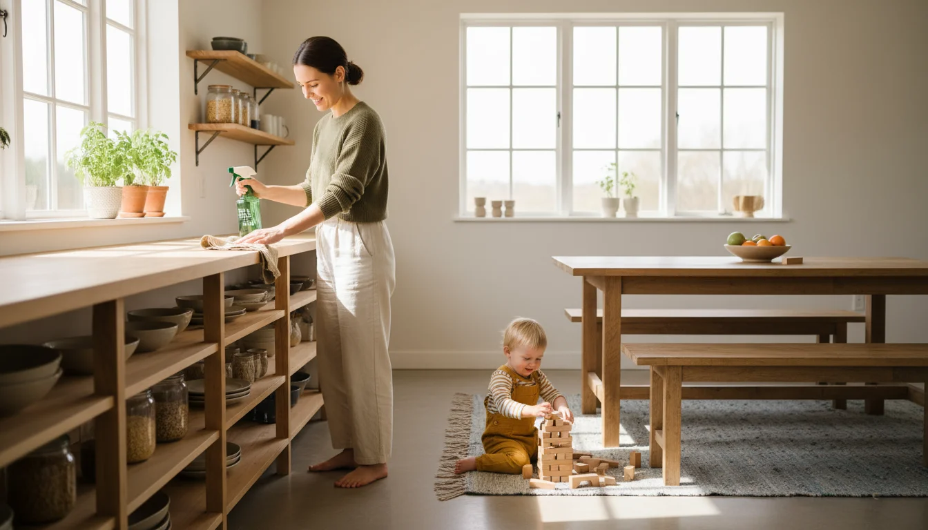 A woman cleans a kitchen counter with an eco-friendly spray while a toddler plays on the floor in sunlight.
