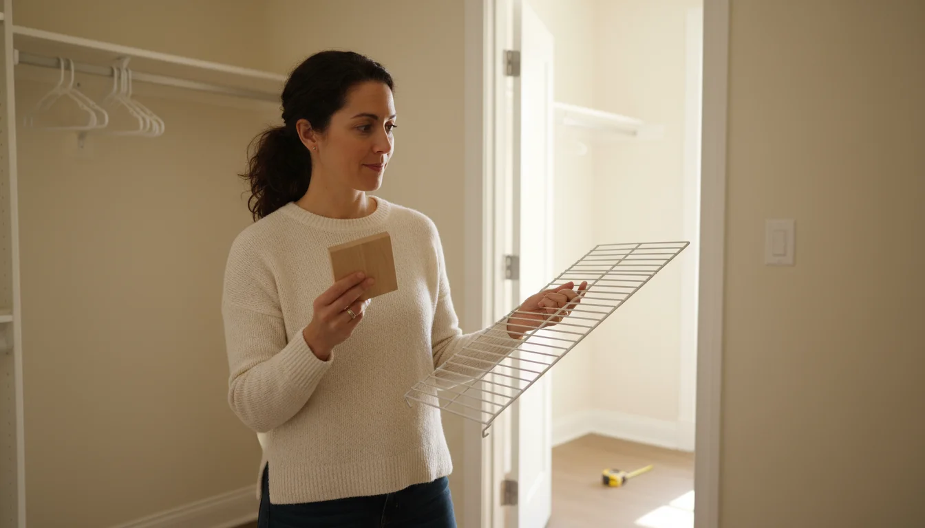Woman in a closet holds a wood shelf sample and wire shelving segment, contemplating which storage solution to choose.