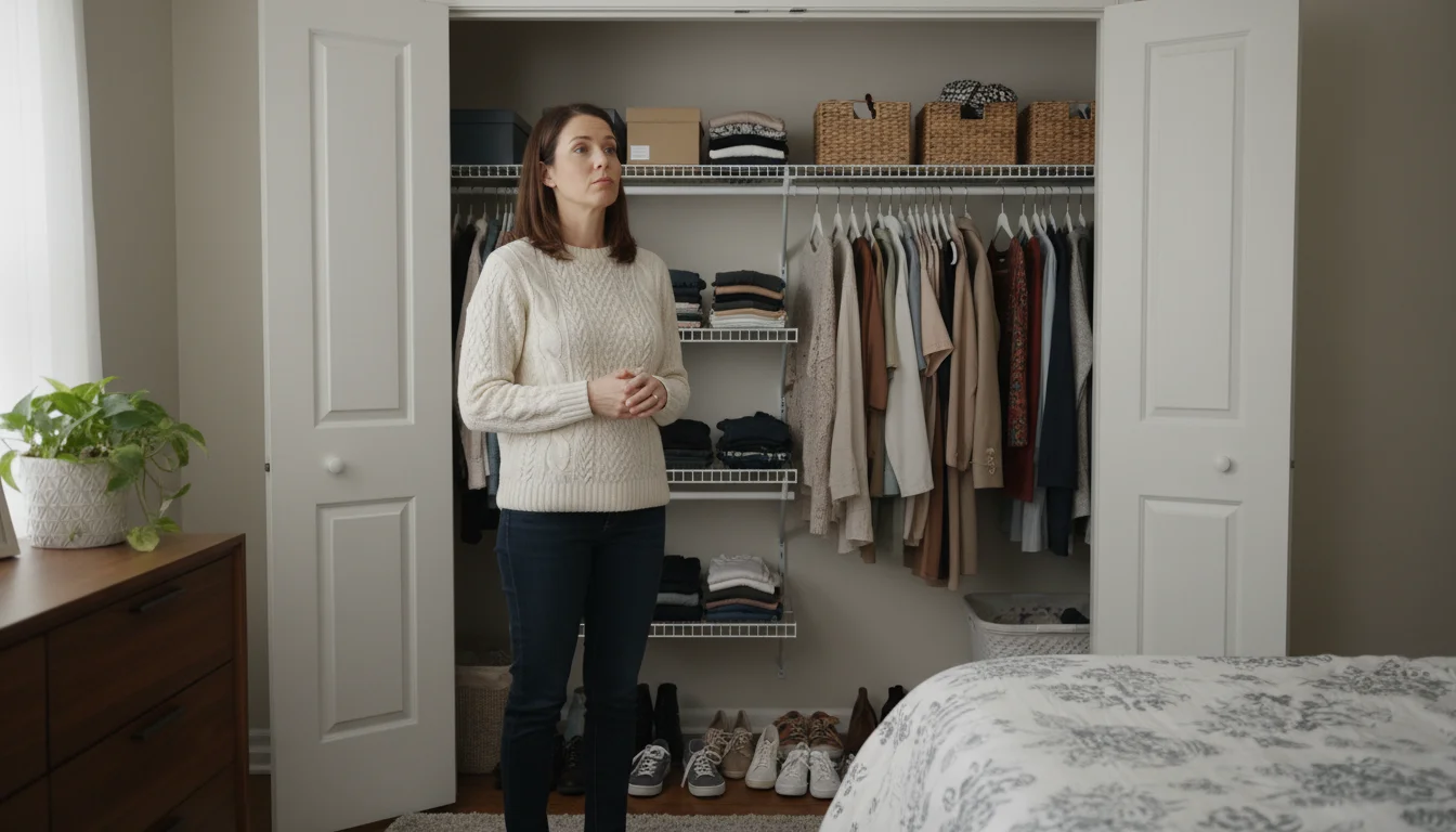 Woman looking into a closet with wire shelving, deep in thought about organization.