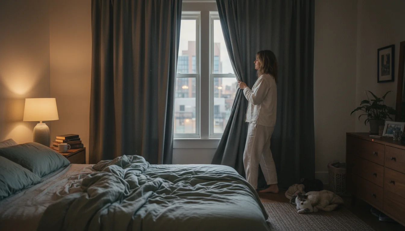 A woman closing thick, neutral blackout curtains in a cozy, softly lit bedroom, enhancing privacy and comfort.