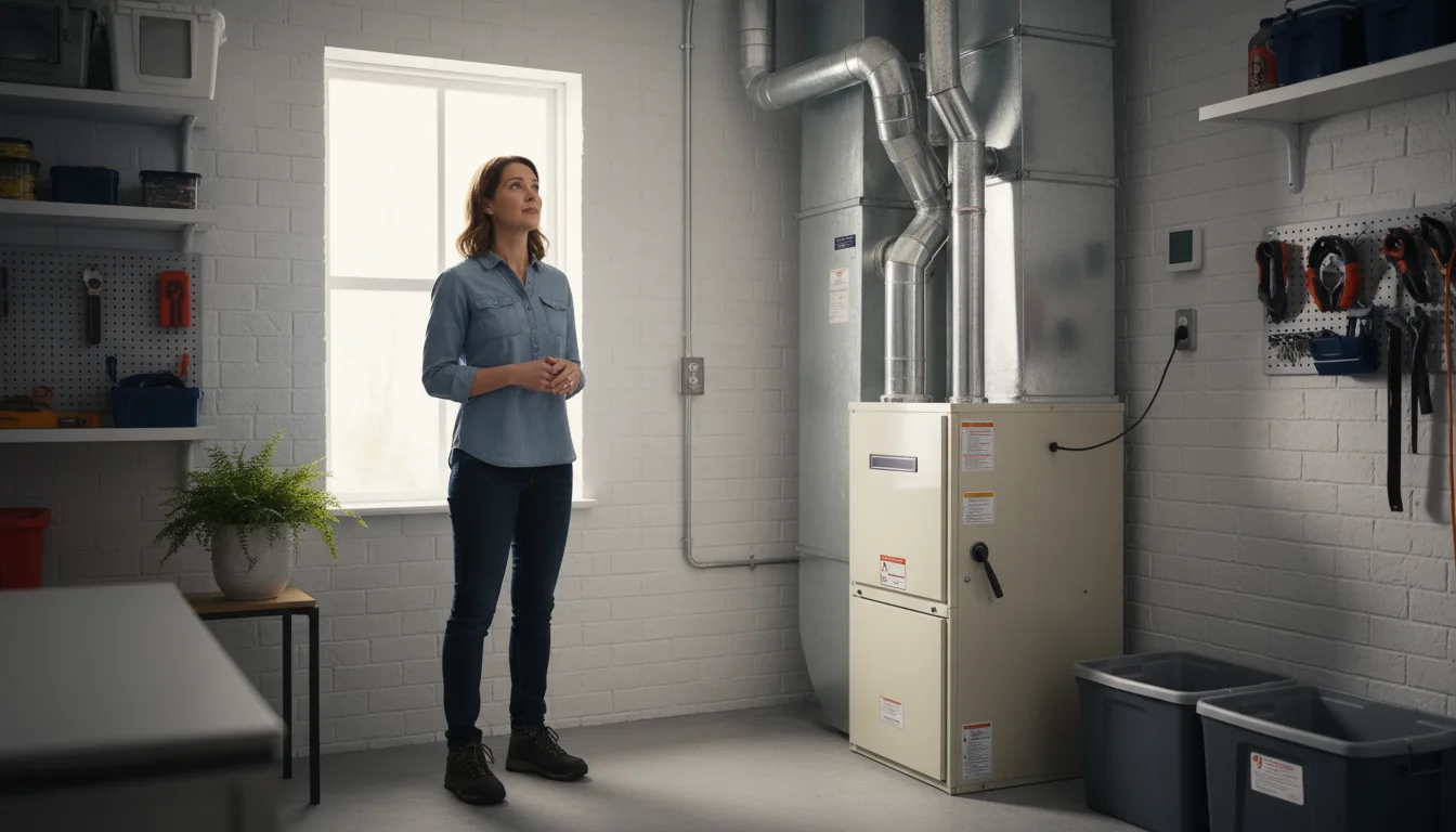 A woman in comfortable clothes looks thoughtfully at the furnace and ductwork connections in a tidy home utility area, observing the system.