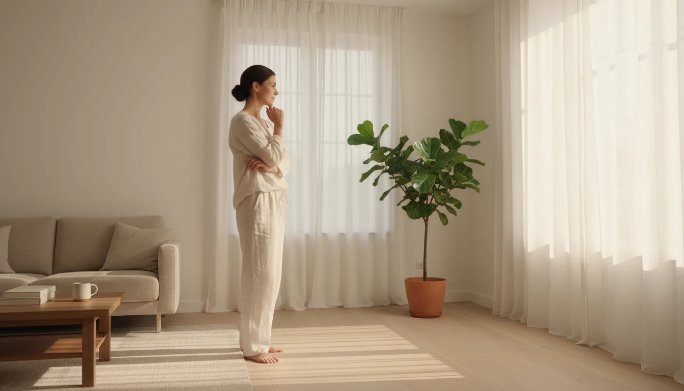 Woman in comfortable clothes observing a sunlit, simple corner near a window in her home, imagining a meditation space.