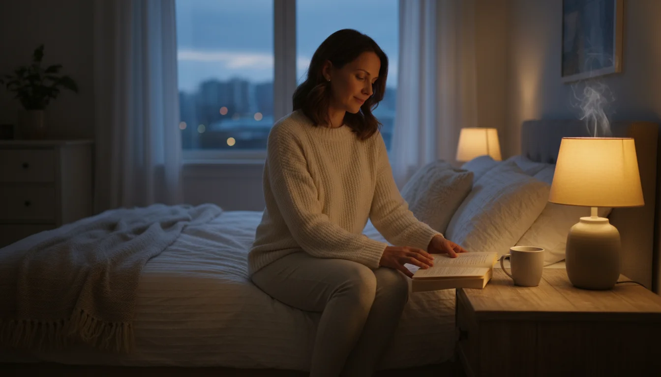 Woman in comfortable clothes placing a book on her bedside table in a softly lit, cozy bedroom.