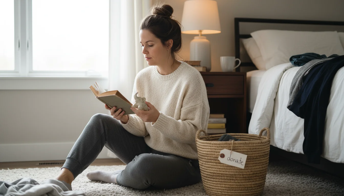 Woman in comfortable clothes sorting items from a nightstand into a donation basket, illuminated by soft evening light.