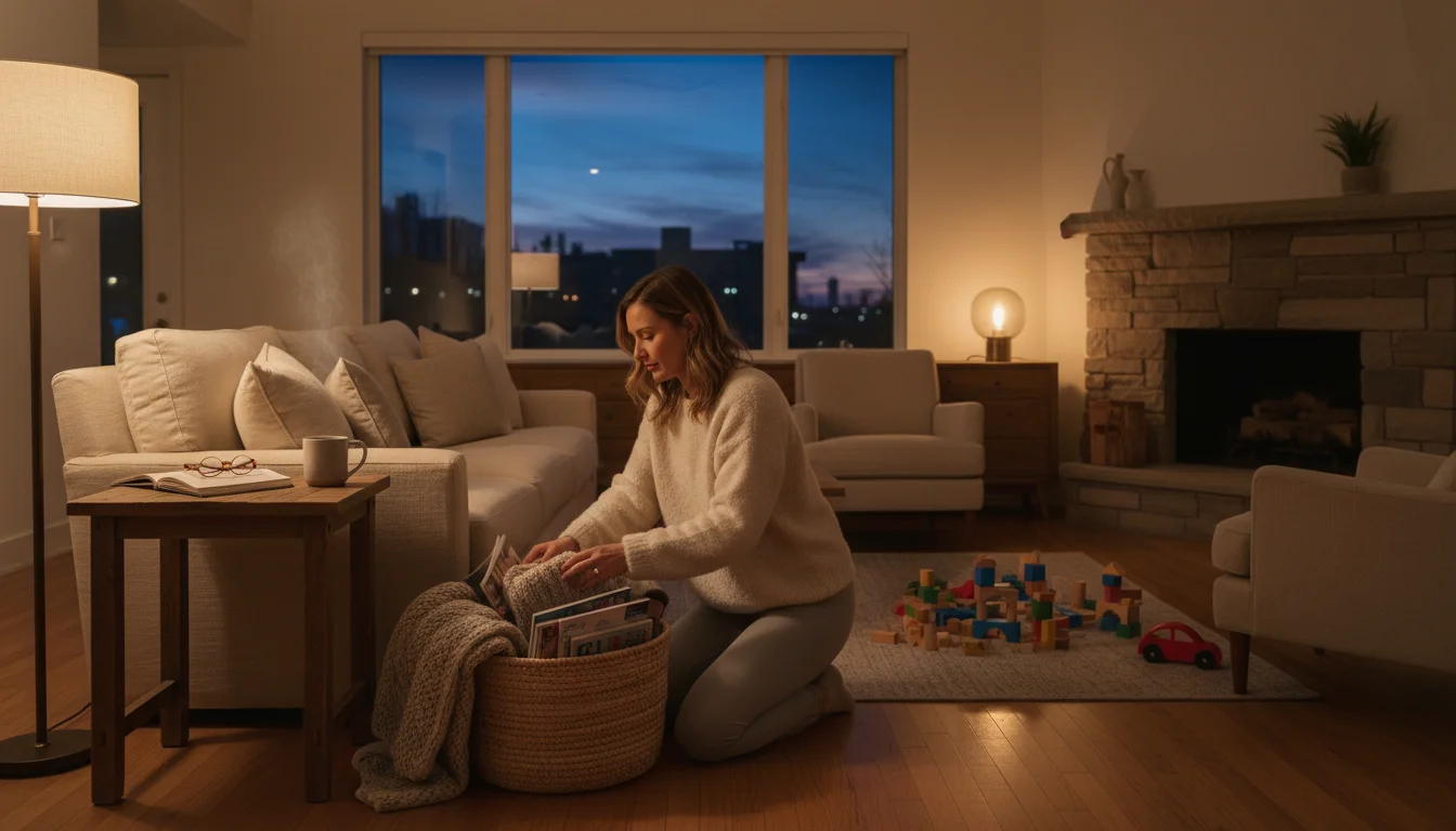 A woman in comfortable clothes tidies a living room at dusk, gathering throw blankets and magazines from a sofa into a woven basket on the floor.