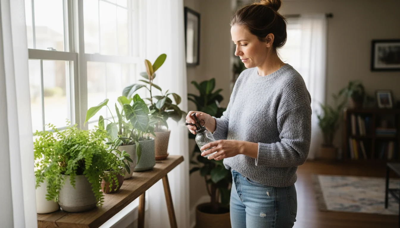 A woman in a comfortable home misting vibrant indoor plants on a wooden shelf, illuminated by soft, consistent light.