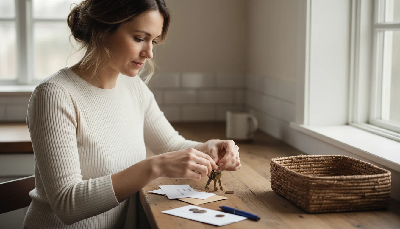 A woman in a comfortable kitchen sorts a small pile of mail and keys on a clear counter beside an empty basket, tackling a small section.