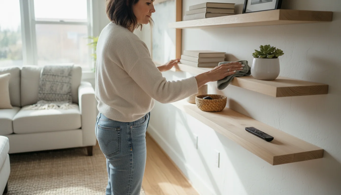A woman in a comfy sweater wipes a light wooden shelf on a wall-mounted unit in a sunny, organized living room.