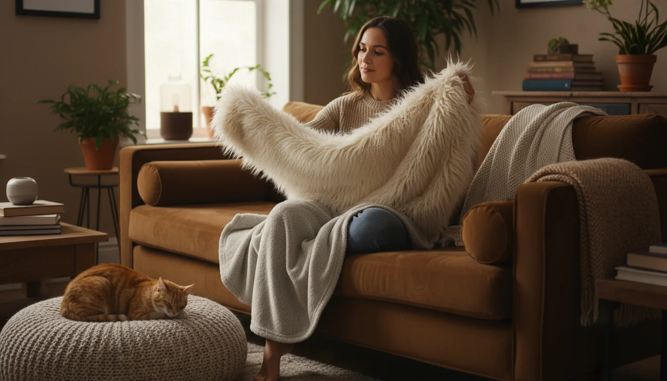 A woman compares a light gray fleece blanket with a cream faux fur throw while sitting on a sofa in a cozy living room.