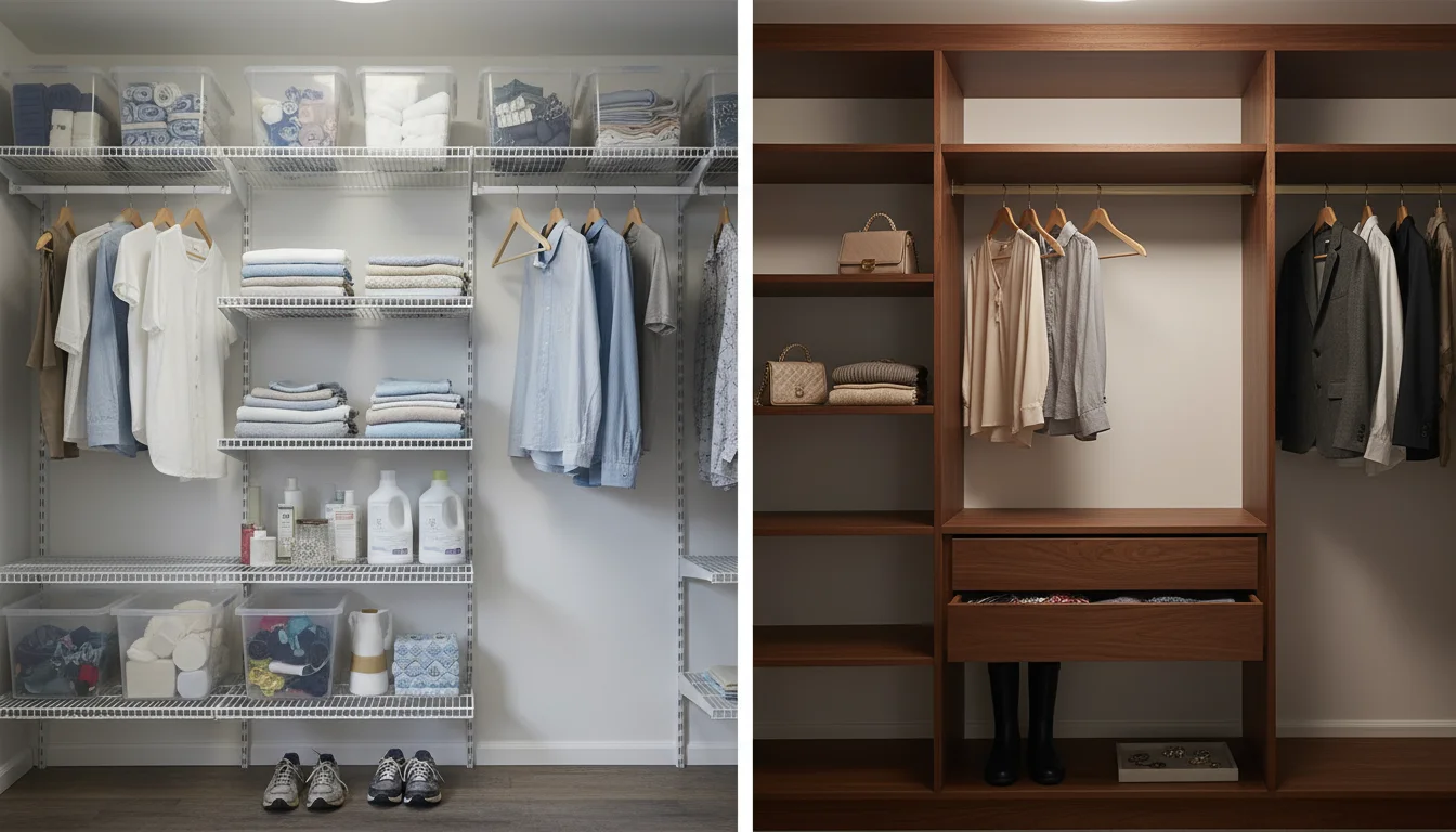 A woman compares simple wire shelving with folded towels and bins to a custom wooden closet system featuring a drawer and hanging clothes.