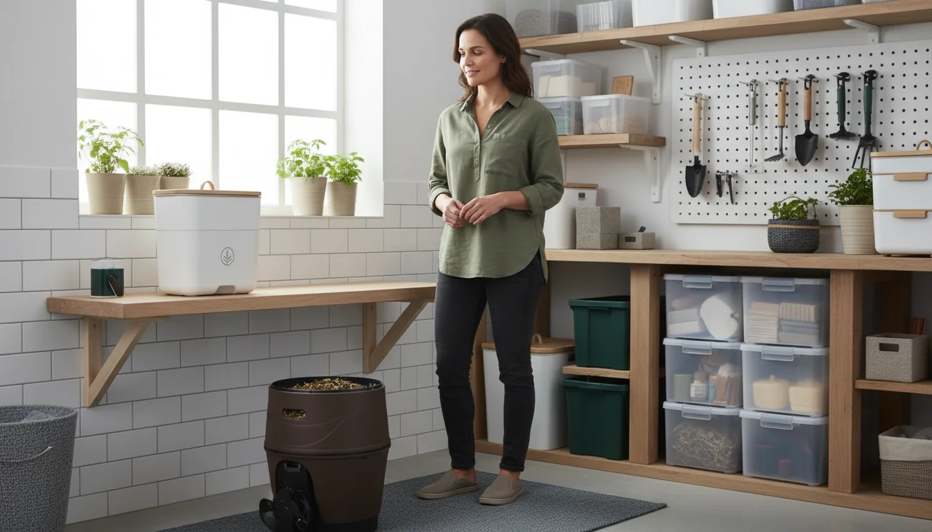 A woman considers two composting options: a small indoor bin on a shelf and an outdoor tumbler on the floor.