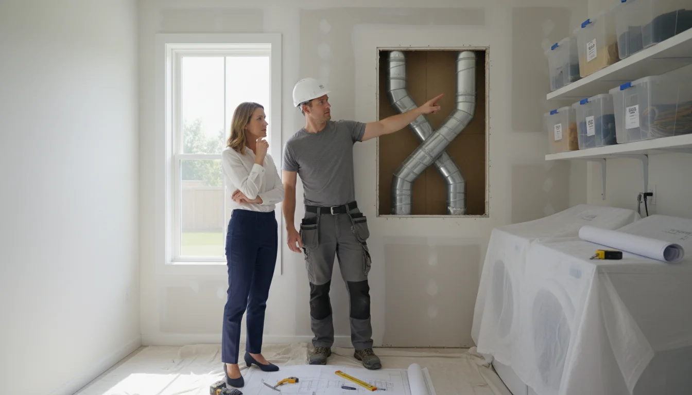 Woman and contractor discussing visible HVAC ductwork in a brightly lit utility room during a home renovation consultation.