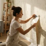 Woman in a cozy apartment applying soft botanical peel-and-stick wallpaper to a neutral wall, smoothing it with a tool.