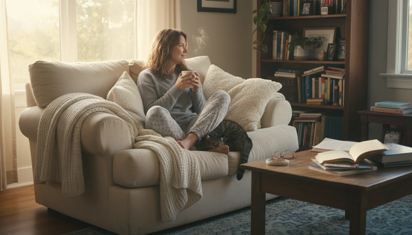 Woman in a cozy armchair covered by a cream knit throw blanket, holding a coffee mug, in a naturally lit living room.