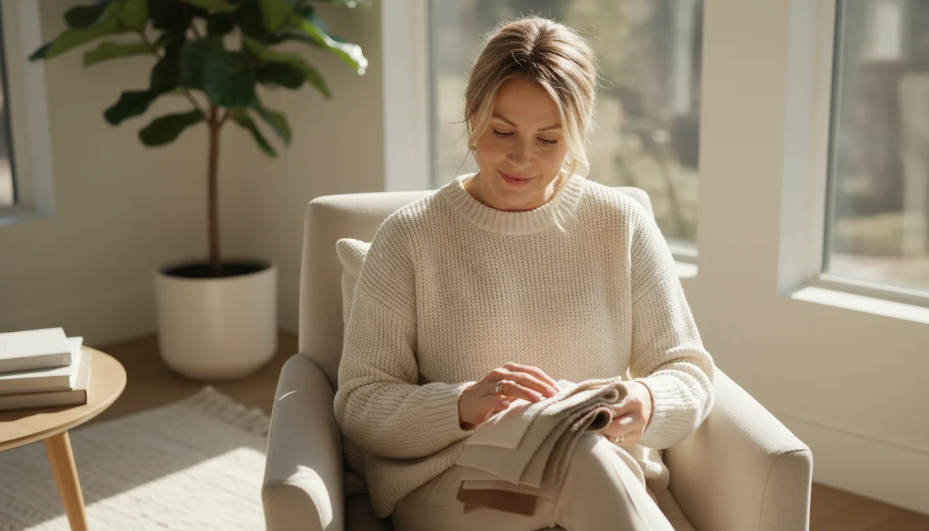 A woman in a cozy armchair holding fabric swatches, thoughtfully looking at them in a bright, sunlit living room with linen drapes.