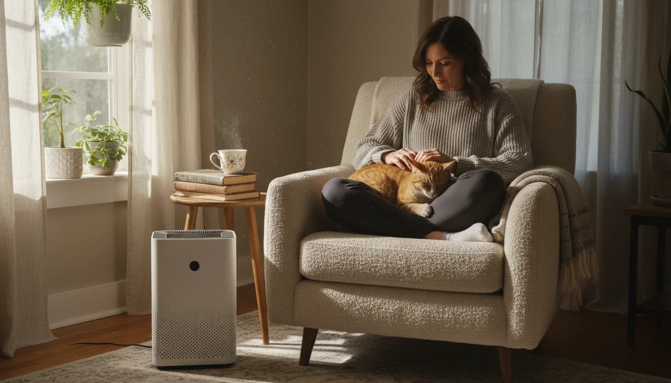 Woman in a cozy armchair petting a sleeping tabby cat, a modern white air purifier is subtly visible on the floor beside the chair.