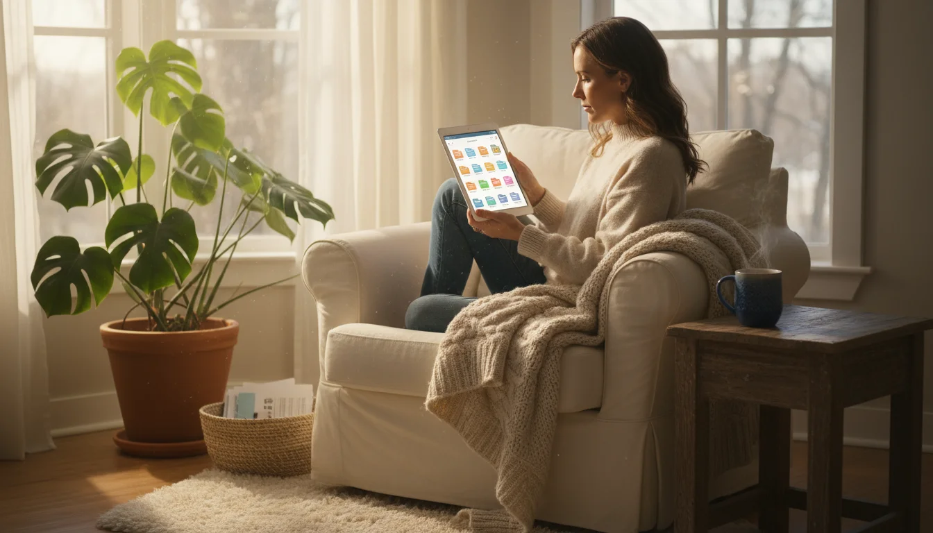 Woman in a cozy armchair viewing organized digital files on a tablet, with a small basket of papers on a rustic side table.