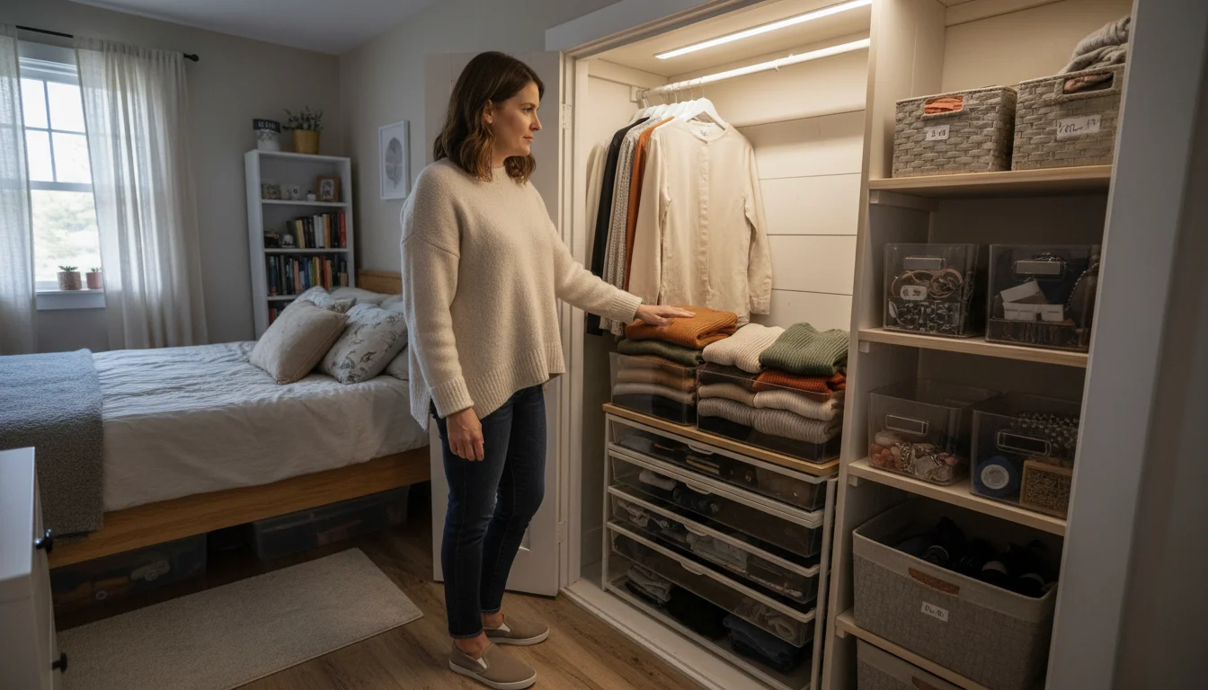 A woman in a cozy bedroom thoughtfully looks into her open, neatly organized closet, gently touching a folded sweater.