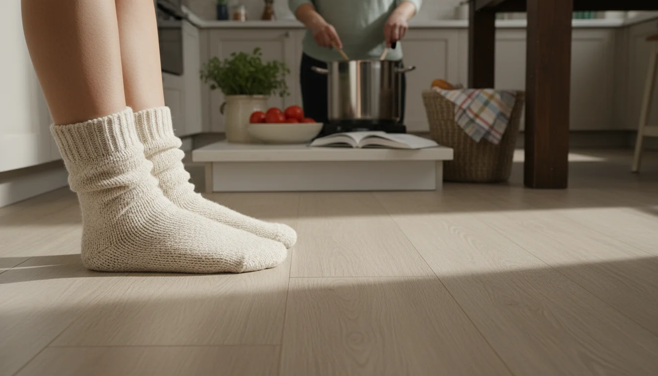 Woman in cozy cream-colored socks standing on light wood-look LVP flooring in a bright kitchen.