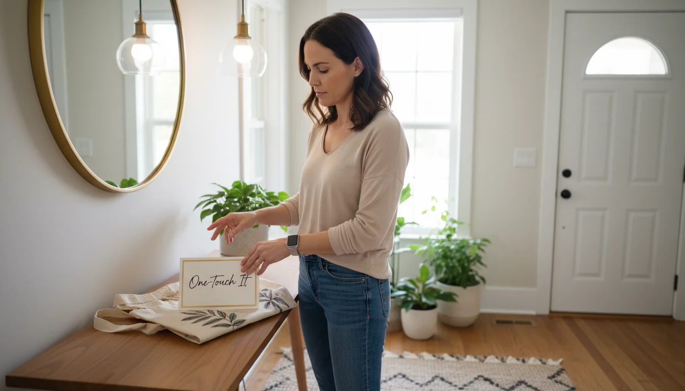 A woman in a cozy entryway, having just set a bag down, gently reaches to pick it up after seeing a 'One-Touch It' reminder.