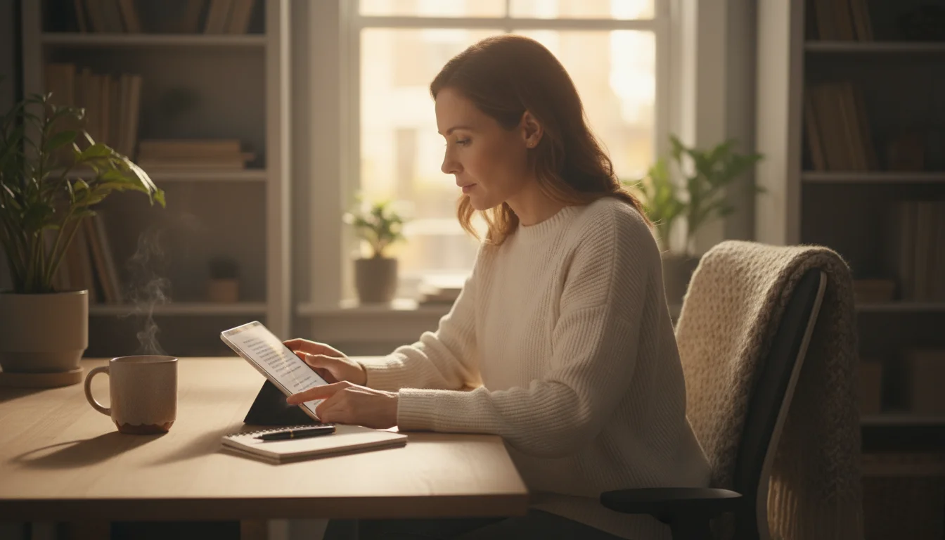 A woman in a cozy home office nook, thoughtfully looking at a tablet on a wooden desk with a lamp and a green plant.