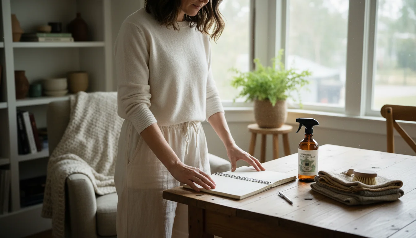 A woman in a cozy home, taking a thoughtful break, looking at a handwritten cleaning checklist next to natural cleaning supplies.