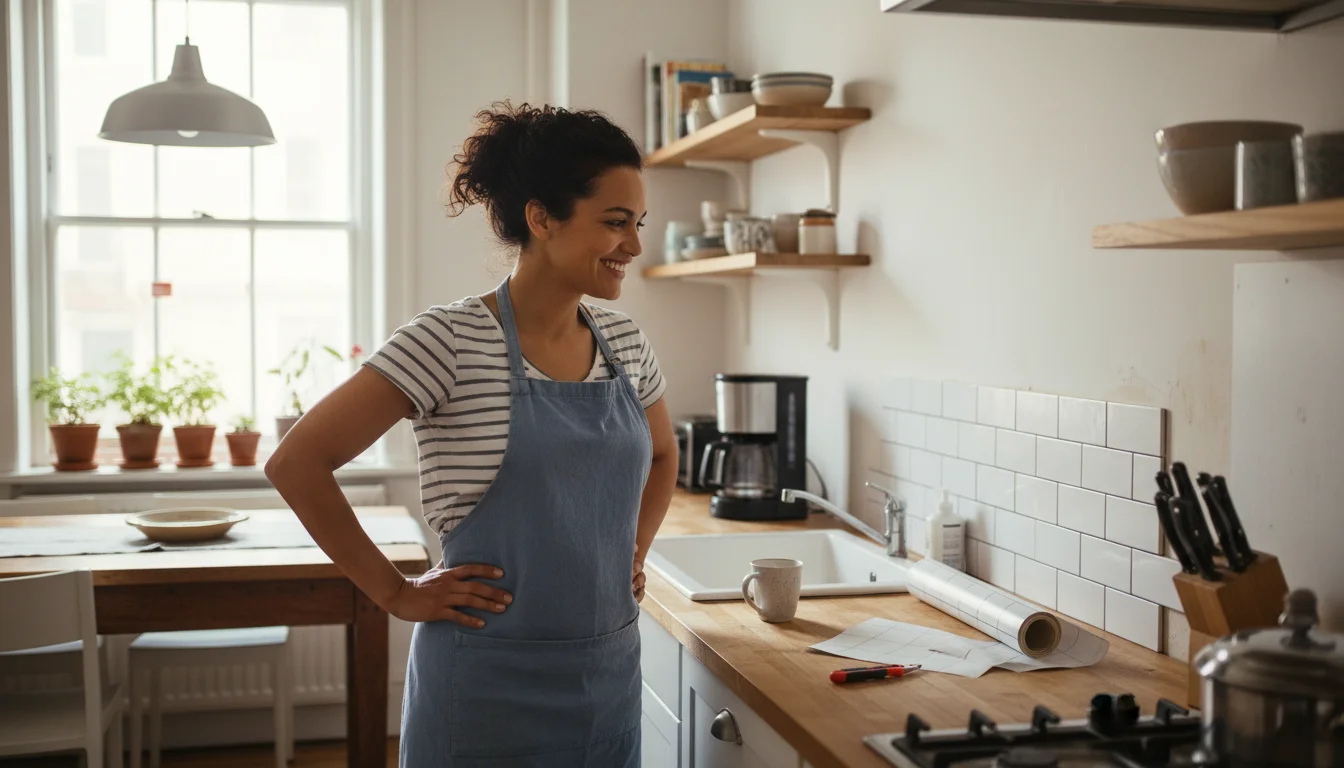 A woman in a cozy kitchen proudly admires her newly installed peel-and-stick subway tile backsplash, with tools on the counter.